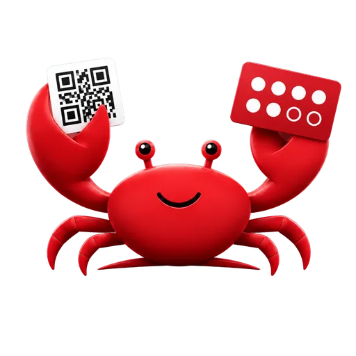 Crab mascot holding a QR code and a loyalty stamp card